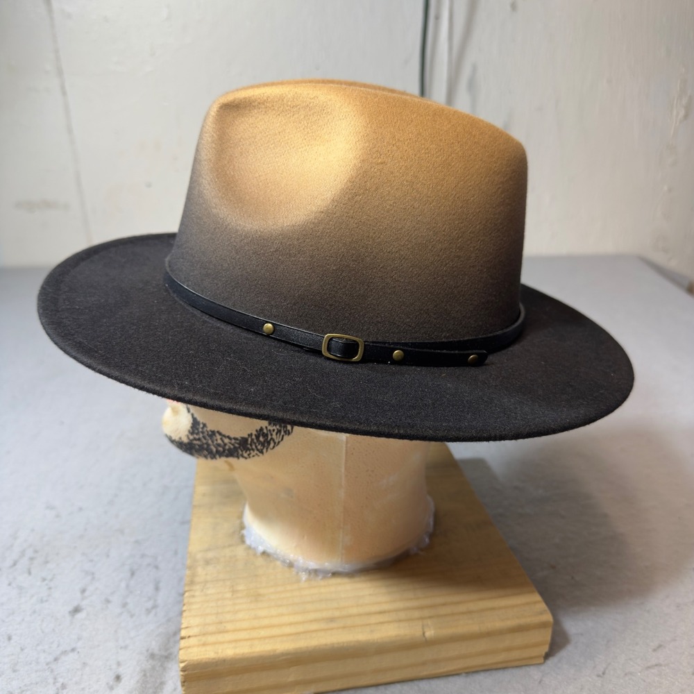 Unisex Tan Black Ombre Wide Brim Fedora Hat Gradient Western Rancher Hat - Picture 4 of 10